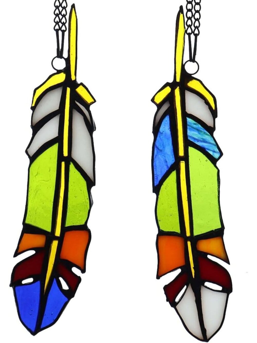 Set of 2 Tiffany Style Stained Glass Suncatchers with Colored Feathers & Chain